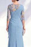 Green Mermaid Chiffon Long Mother of the Bride Dress with 3/4 Sleeves