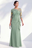 Green Mermaid Chiffon Long Mother of the Bride Dress with 3/4 Sleeves
