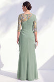 Green Mermaid Chiffon Long Mother of the Bride Dress with 3/4 Sleeves