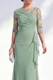 Green Mermaid Chiffon Long Mother of the Bride Dress with 3/4 Sleeves