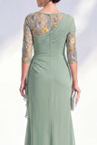 Green Mermaid Chiffon Long Mother of the Bride Dress with 3/4 Sleeves