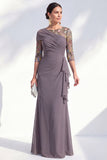 Green Mermaid Chiffon Long Mother of the Bride Dress with 3/4 Sleeves