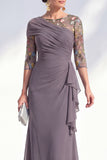 Green Mermaid Chiffon Long Mother of the Bride Dress with 3/4 Sleeves