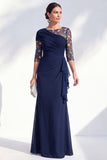 Green Mermaid Chiffon Long Mother of the Bride Dress with 3/4 Sleeves