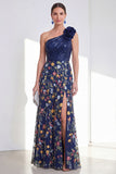 Sparkly Navy A-Line One Shoulder 3D Flower Long Mother Of the Bride Dress with Slit