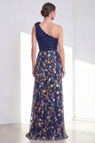 Sparkly Navy A-Line One Shoulder 3D Flower Long Mother Of the Bride Dress with Slit