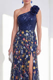 Sparkly Navy A-Line One Shoulder 3D Flower Long Mother Of the Bride Dress with Slit