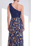 Sparkly Navy A-Line One Shoulder 3D Flower Long Mother Of the Bride Dress with Slit