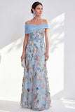 Blue A-Line Off the Shoulder Floral Long Mother of the Bride Dress