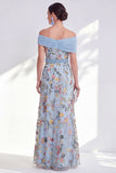 Blue A-Line Off the Shoulder Floral Long Mother of the Bride Dress