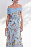 Blue A-Line Off the Shoulder Floral Long Mother of the Bride Dress