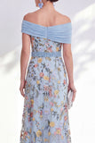 Blue A-Line Off the Shoulder Floral Long Mother of the Bride Dress