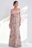 Blue A-Line Off the Shoulder Floral Long Mother of the Bride Dress