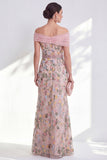 Blue A-Line Off the Shoulder Floral Long Mother of the Bride Dress