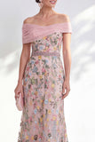 Blue A-Line Off the Shoulder Floral Long Mother of the Bride Dress