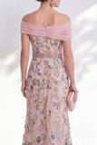 Blue A-Line Off the Shoulder Floral Long Mother of the Bride Dress