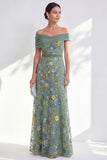Blue A-Line Off the Shoulder Floral Long Mother of the Bride Dress