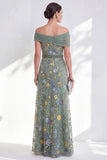 Blue A-Line Off the Shoulder Floral Long Mother of the Bride Dress