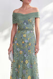 Blue A-Line Off the Shoulder Floral Long Mother of the Bride Dress