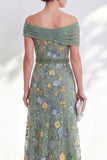 Blue A-Line Off the Shoulder Floral Long Mother of the Bride Dress