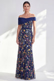 Blue A-Line Off the Shoulder Floral Long Mother of the Bride Dress