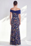 Blue A-Line Off the Shoulder Floral Long Mother of the Bride Dress