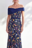 Blue A-Line Off the Shoulder Floral Long Mother of the Bride Dress