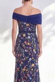 Blue A-Line Off the Shoulder Floral Long Mother of the Bride Dress