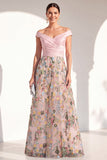 Blush Off the Shoulder Floral A-Line Long Mother of the Bride Dress