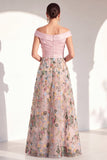 Blush Off the Shoulder Floral A-Line Long Mother of the Bride Dress