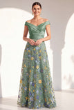 Blush Off the Shoulder Floral A-Line Long Mother of the Bride Dress