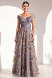 Blush Off the Shoulder Floral A-Line Long Mother of the Bride Dress