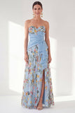 Sweetheart Blue A-Line Floral Long Mother Of the Bride Dress with Slit