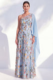 One Shoulder Blue Floral A-Line Long Mother Of the Bride Dress with Side Cape