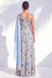 One Shoulder Blue Floral A-Line Long Mother Of the Bride Dress with Side Cape