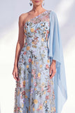 One Shoulder Blue Floral A-Line Long Mother Of the Bride Dress with Side Cape