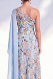 One Shoulder Blue Floral A-Line Long Mother Of the Bride Dress with Side Cape