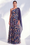 One Shoulder Blue Floral A-Line Long Mother Of the Bride Dress with Side Cape