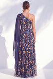 One Shoulder Blue Floral A-Line Long Mother Of the Bride Dress with Side Cape