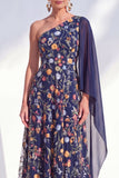 One Shoulder Blue Floral A-Line Long Mother Of the Bride Dress with Side Cape