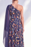 One Shoulder Blue Floral A-Line Long Mother Of the Bride Dress with Side Cape
