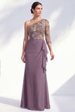 Mermaid One Shoulder Grey Purple Floral Long Mother of the Bride Dress