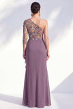 Mermaid One Shoulder Grey Purple Floral Long Mother of the Bride Dress
