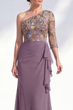 Mermaid One Shoulder Grey Purple Floral Long Mother of the Bride Dress