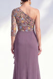 Mermaid One Shoulder Grey Purple Floral Long Mother of the Bride Dress