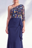 Mermaid One Shoulder Grey Purple Floral Long Mother of the Bride Dress