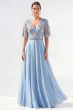 Green A-Line Chiffon V-Neck Long Mother of the Bride Dress with Beading