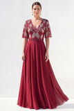 Green A-Line Chiffon V-Neck Long Mother of the Bride Dress with Beading