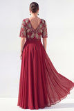 Green A-Line Chiffon V-Neck Long Mother of the Bride Dress with Beading