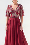 Green A-Line Chiffon V-Neck Long Mother of the Bride Dress with Beading